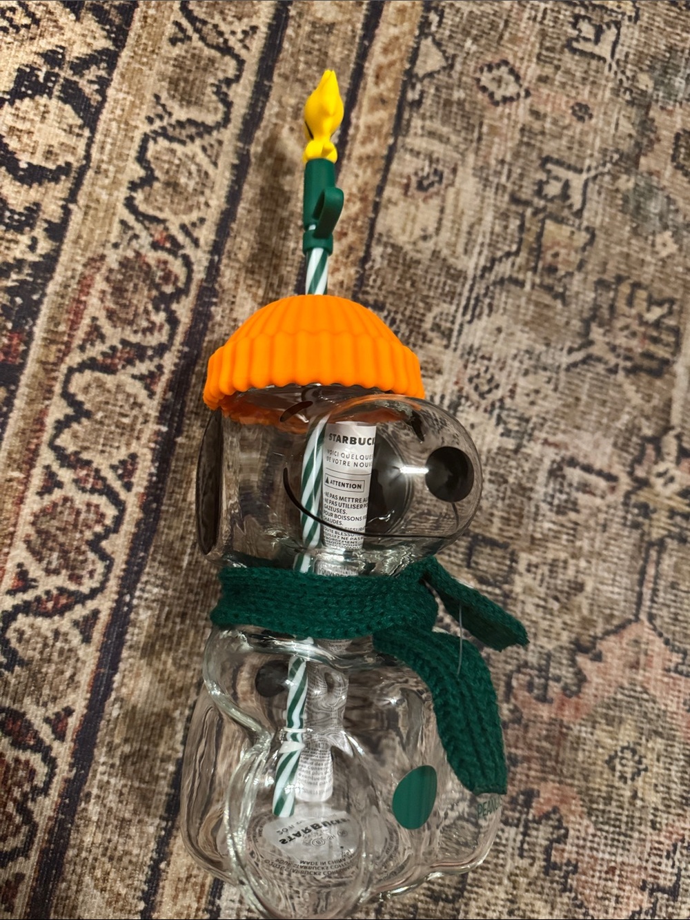 Starbucks Orange Hat Snoopy Glass Bottle with Green Scarf and Straw